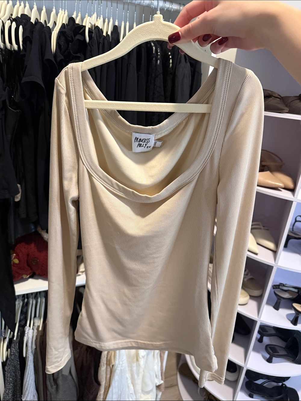 Princess Polly Long Sleeve Scoop Neck Top in Beige Like New